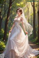 A woman in a wedding dress standing in the woods.