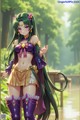 Anime girl with long green hair wearing a purple outfit.